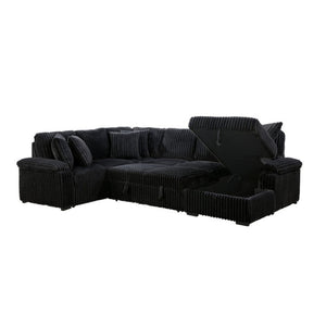 English Elm 3-Piece Corduroy Sectional Sofa with Pull-Out Bed Hidden Storage and Channel Tufting Black B011S03822