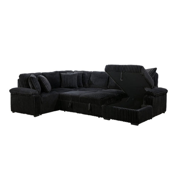 English Elm 3-Piece Corduroy Sectional Sofa with Pull-Out Bed Hidden Storage and Channel Tufting Black B011S03822