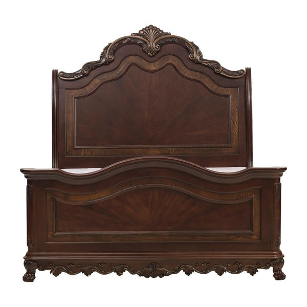 English Elm Bed Eastern King Sleigh Style Cherry Veneer Carved Shell Motifs Formal Bedroom B011S03827