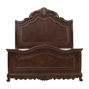 English Elm Bed Queen Sleigh Style Cherry Finish Burl Veneer with Shell Motifs and Claw Feet B011S03829
