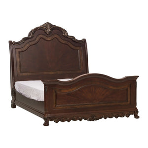 English Elm Bed Queen Sleigh Style Cherry Finish Burl Veneer with Shell Motifs and Claw Feet B011S03829