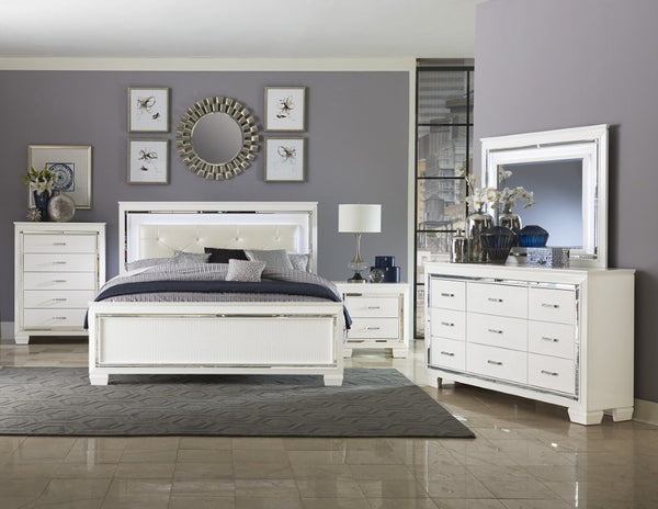 English Elm Bed Allura California King Glam White Lacquer LED Tufted Faux Leather Headboard B011S03834