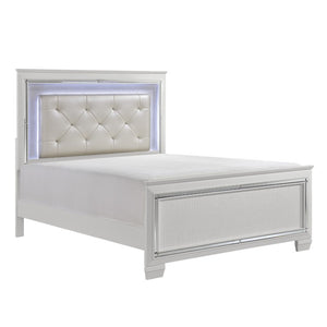 English Elm Bed Full Glam Tufted Headboard with LED Lighting Mirror Trim and High Gloss White Finish B011S03835