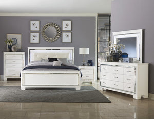 English Elm Bed Full Glam Tufted Headboard with LED Lighting Mirror Trim and High Gloss White Finish B011S03835