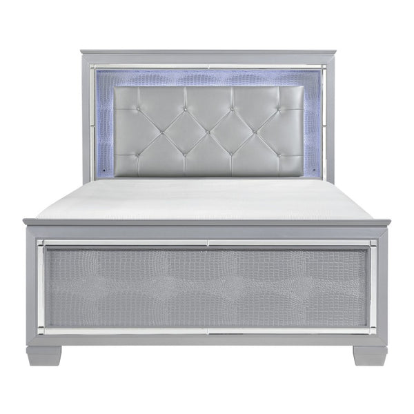 English Elm Bed California King Silver Faux Leather Tufted Headboard with LED Glow Mirror Panels B011S03836