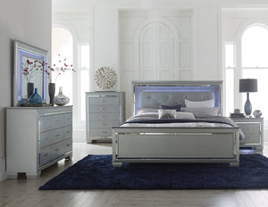 English Elm Bed California King Silver Faux Leather Tufted Headboard with LED Glow Mirror Panels B011S03836
