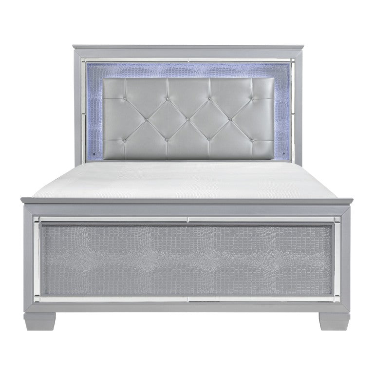 English Elm Bed Full Size Glam Silver Faux Leather Crystal Tufted LED Headboard Mirrored Panel B011S03837