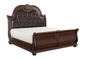 English Elm Bed Eastern King Sleigh Cherry Veneer Hand Carved Acanthus Tufted Headboard B011S03844