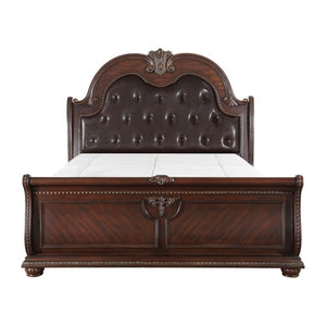 English Elm Bed Eastern King Sleigh Cherry Veneer Hand Carved Acanthus Tufted Headboard B011S03844