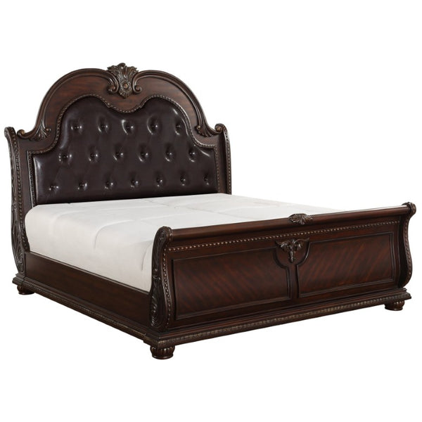 English Elm Bed Eastern King Sleigh Cherry Veneer Hand Carved Acanthus Tufted Headboard B011S03844