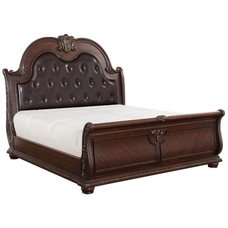 English Elm Bed Queen Sleigh Frame Ornate Cherry Finish Tufted Headboard Old World Carved Wood B011S03846