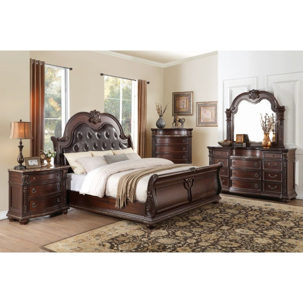 English Elm Bed Queen Sleigh Frame Ornate Cherry Finish Tufted Headboard Old World Carved Wood B011S03846