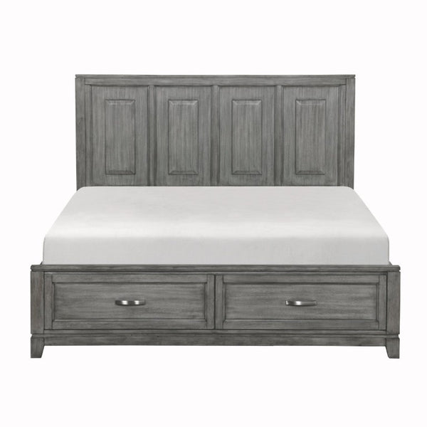 English Elm Transitional Rustic California King Storage Bed Okume Veneer Weathered Gray Tall Headboard B011S03865