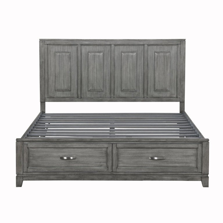 English Elm Transitional Rustic California King Storage Bed Okume Veneer Weathered Gray Tall Headboard B011S03865