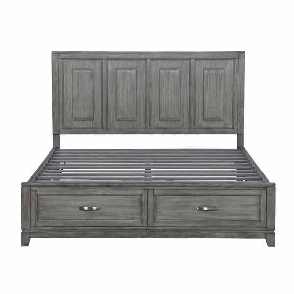 English Elm Transitional Rustic California King Storage Bed Okume Veneer Weathered Gray Tall Headboard B011S03865