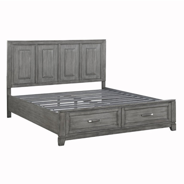 English Elm Transitional Rustic California King Storage Bed Okume Veneer Weathered Gray Tall Headboard B011S03865
