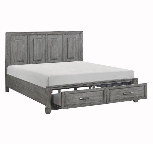 English Elm Transitional Rustic California King Storage Bed Okume Veneer Weathered Gray Tall Headboard B011S03865