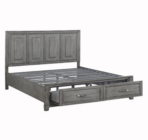 English Elm Transitional Rustic California King Storage Bed Okume Veneer Weathered Gray Tall Headboard B011S03865