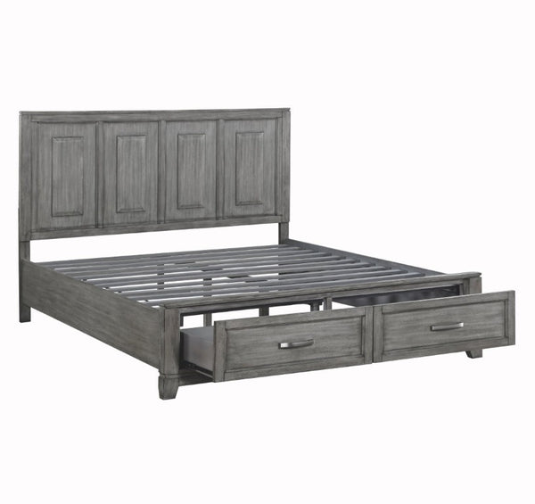 English Elm Transitional Rustic California King Storage Bed Okume Veneer Weathered Gray Tall Headboard B011S03865