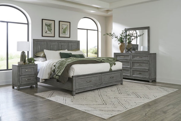 English Elm Transitional Rustic California King Storage Bed Okume Veneer Weathered Gray Tall Headboard B011S03865