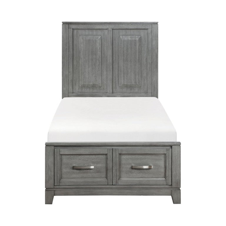 English Elm Transitional Rustic Twin Storage Bed Okume Veneer Gray Stain Panel Headboard Drawers B011S03867