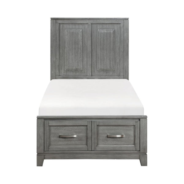 English Elm Transitional Rustic Twin Storage Bed Okume Veneer Gray Stain Panel Headboard Drawers B011S03867