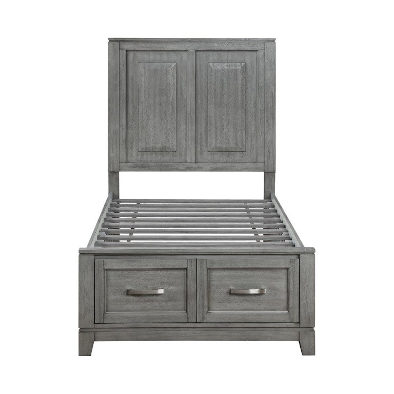 English Elm Transitional Rustic Twin Storage Bed Okume Veneer Gray Stain Panel Headboard Drawers B011S03867