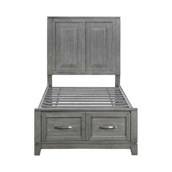 English Elm Transitional Rustic Twin Storage Bed Okume Veneer Gray Stain Panel Headboard Drawers B011S03867