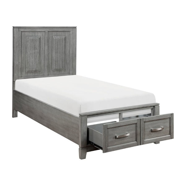 English Elm Transitional Rustic Twin Storage Bed Okume Veneer Gray Stain Panel Headboard Drawers B011S03867