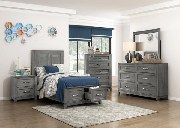 English Elm Transitional Rustic Twin Storage Bed Okume Veneer Gray Stain Panel Headboard Drawers B011S03867