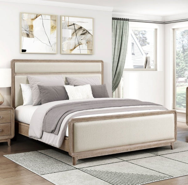English Elm Modern California King Bed Chenille Upholstered Headboard Oak Veneer Bedroom Frame B011S03868
