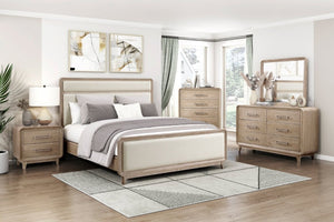English Elm Modern California King Bed Chenille Upholstered Headboard Oak Veneer Bedroom Frame B011S03868