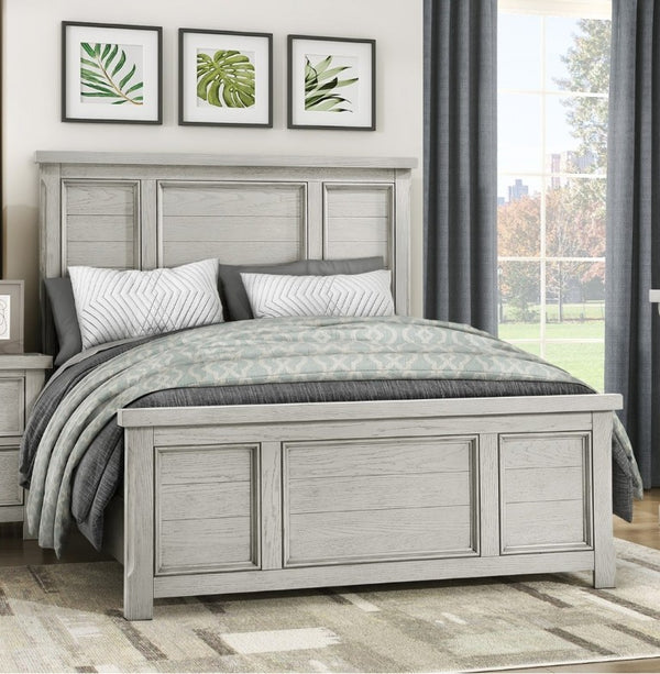 English Elm Classic Farmhouse Queen Panel Bed in Light Gray Oak Veneer with Framed Headboard B011S03872