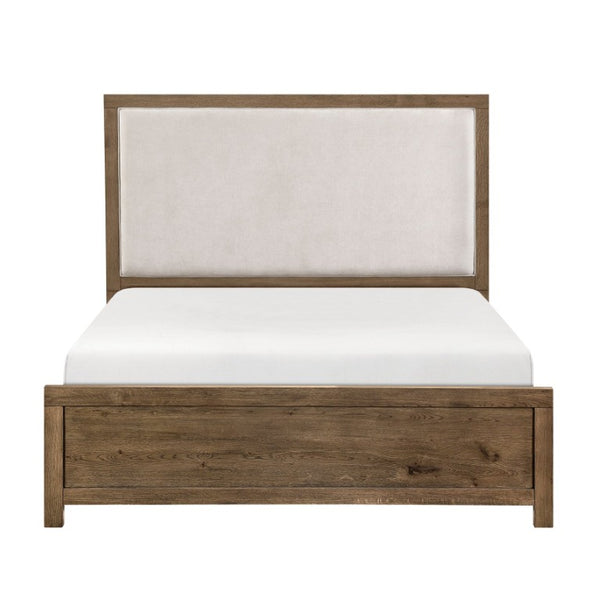 English Elm Modern French Oak Veneer Queen Bed with USB Charging Upholstered Headboard Brown Queen B011S03875