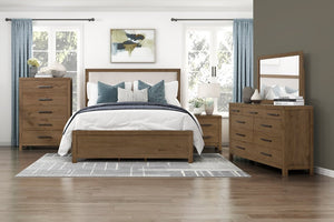English Elm Modern French Oak Veneer Queen Bed with USB Charging Upholstered Headboard Brown Queen B011S03875