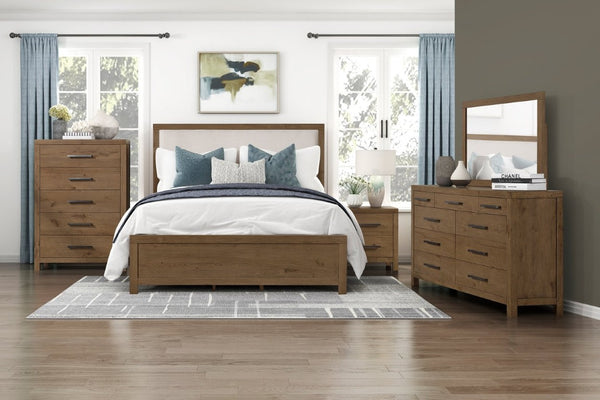 English Elm Modern French Oak Veneer Queen Bed with USB Charging Upholstered Headboard Brown Queen B011S03875