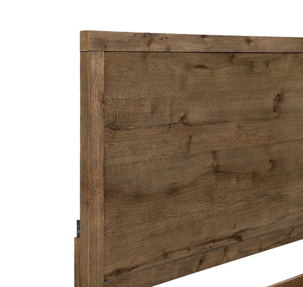 English Elm Rustic French Oak Veneer Eastern King Bed with USB Charging Panel Headboard B011S03878