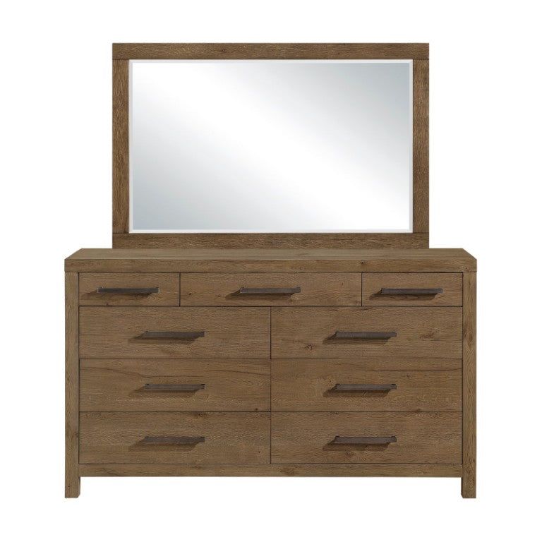 English Elm Rustic French Oak Nine Drawer Dresser with Mirror Set for Master Bedroom B011S03881