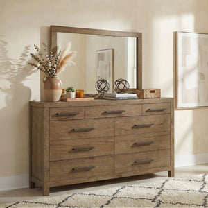 English Elm Rustic French Oak Nine Drawer Dresser with Mirror Set for Master Bedroom B011S03881