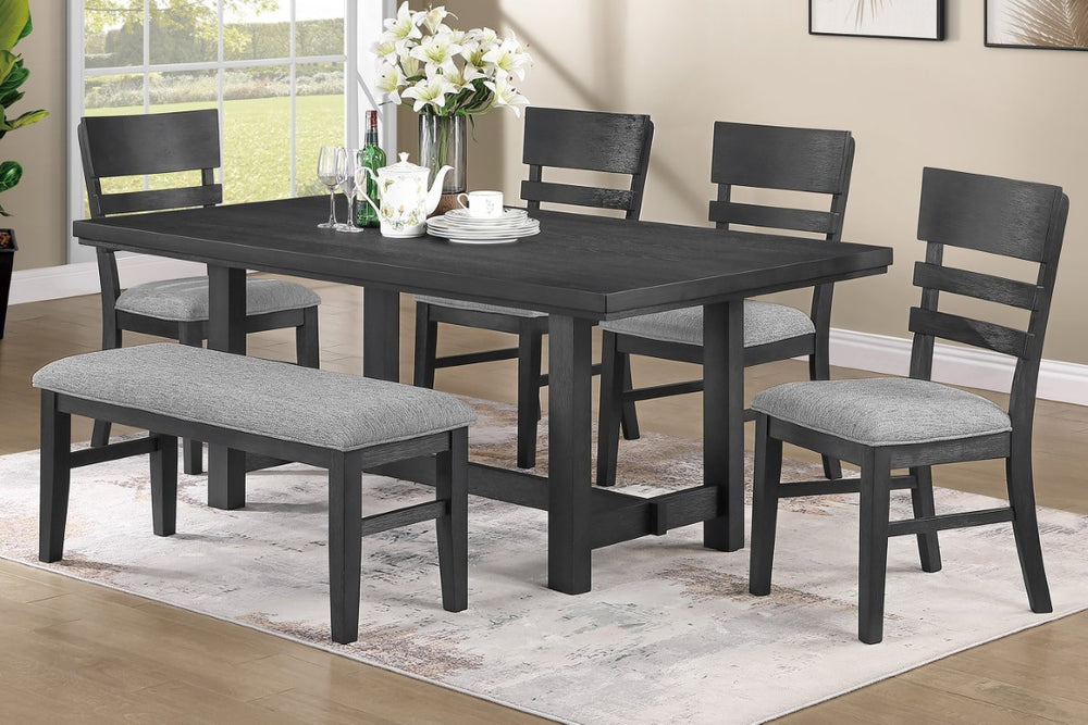 English Elm Charcoal Black Six Piece Dining Set with Cushioned Bench and Ladder Back Chairs for Modern Rooms B011S03886
