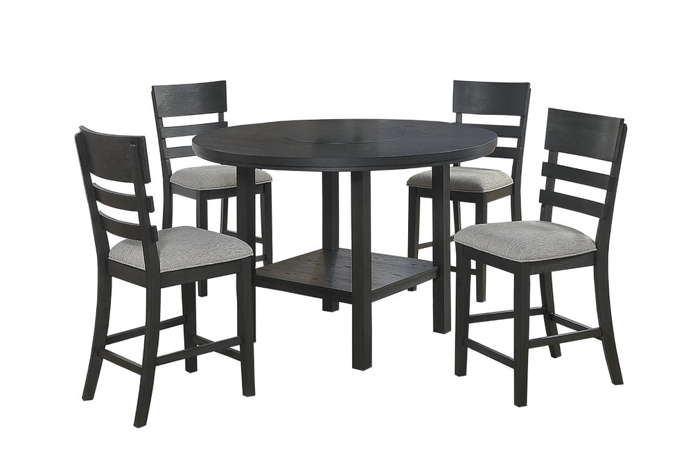 English Elm Charcoal Round Counter Height Dining Set with Lazy Susan and Cushioned Ladder Back Chairs B011S03887