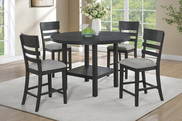 English Elm Charcoal Round Counter Height Dining Set with Lazy Susan and Cushioned Ladder Back Chairs B011S03887