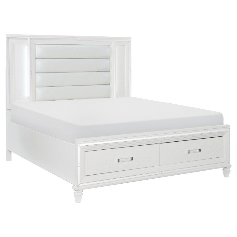 English Elm Bed Eastern King Glam Platform with LED Headboard Mirrored Trim and Storage Footboard B011S03892