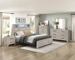 English Elm Bed Eastern King Gray Melamine Storage Headboard with LED Lighting and Bluetooth Speaker B011S03898