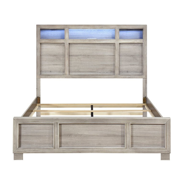 English Elm Bed Eastern King Gray Melamine Storage Headboard with LED Lighting and Bluetooth Speaker B011S03898