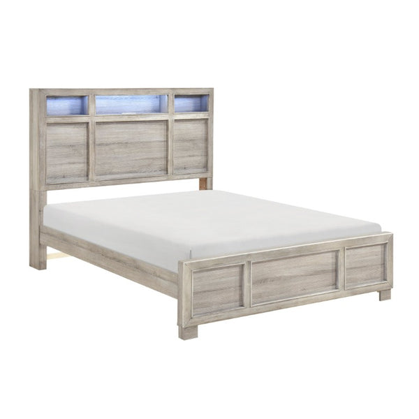 English Elm Bed Eastern King Gray Melamine Storage Headboard with LED Lighting and Bluetooth Speaker B011S03898