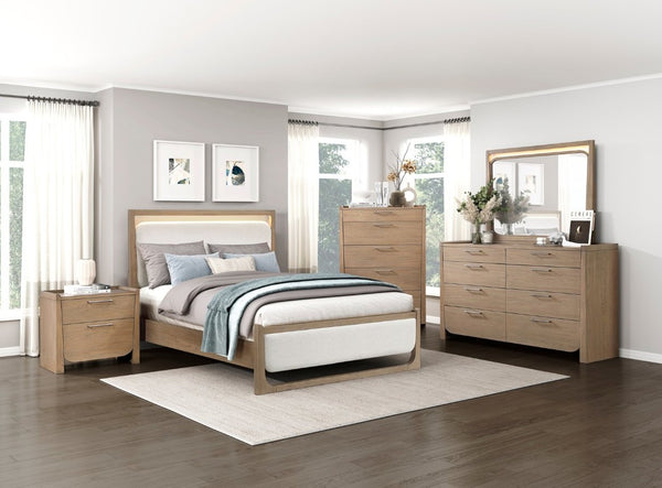 English Elm Bed Eastern King Upholstered Frame with LED Headboard Polyester Textured Beige B011S03901