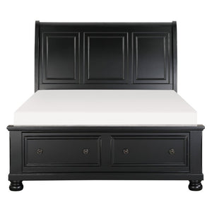 English Elm Bed Eastern King Sleigh Storage Platform with Bun Feet and Black Sand-Through Finish B011S03906