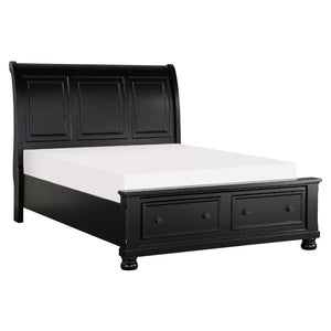English Elm Bed Eastern King Sleigh Storage Platform with Bun Feet and Black Sand-Through Finish B011S03906