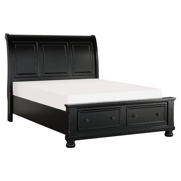 English Elm Bed Eastern King Sleigh Storage Platform with Bun Feet and Black Sand-Through Finish B011S03906